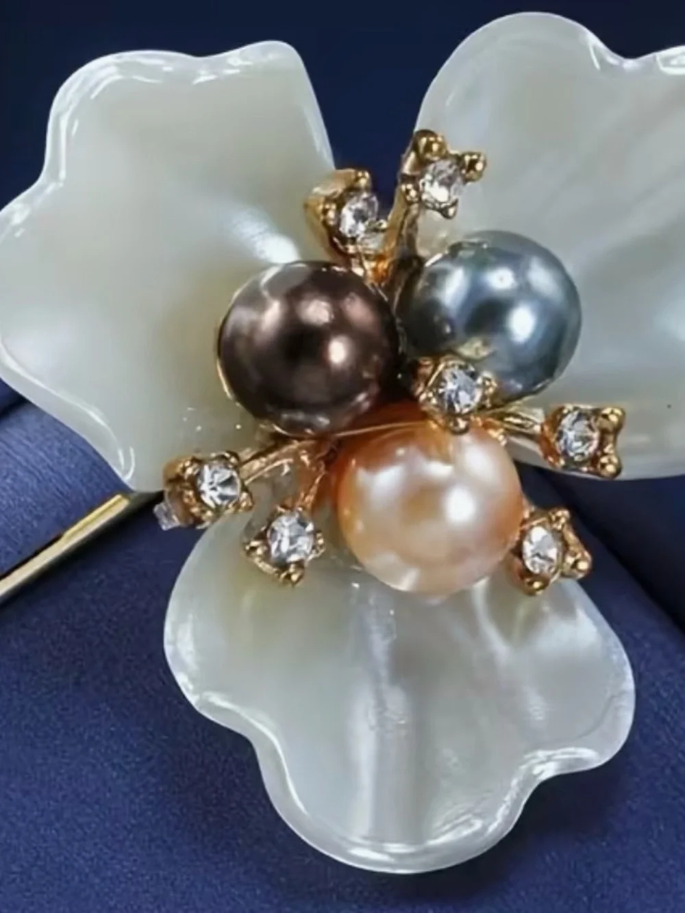 Pearl Floral Brooch Pin - Multicolor Pearls on White Flower NEW With Box